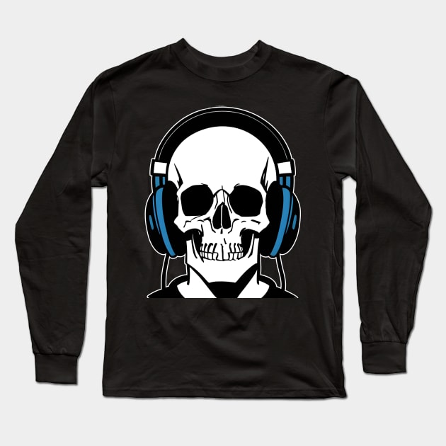 Skull With Headphones, Blue | Listening Music Long Sleeve T-Shirt by General Corner